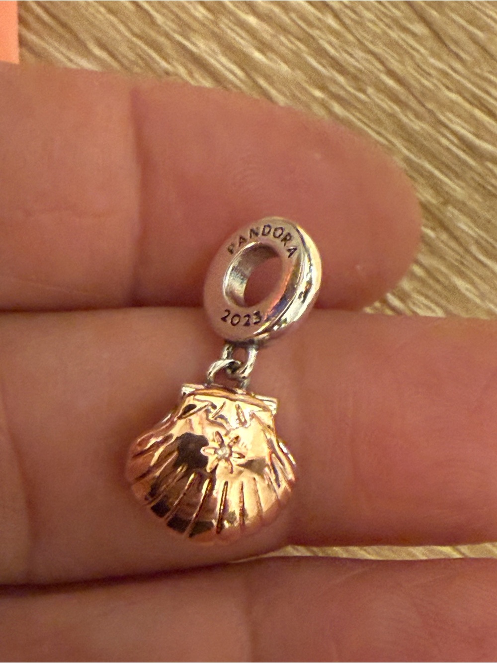 Pandora Rose Gold Shell Dangle Charm with Silver Bail